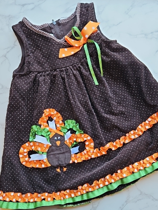 Bonnie Jean Other - Bonnie Jean Brown Polka Dot Corduroy Dress with Orange & Green Ribbon Turkey 4